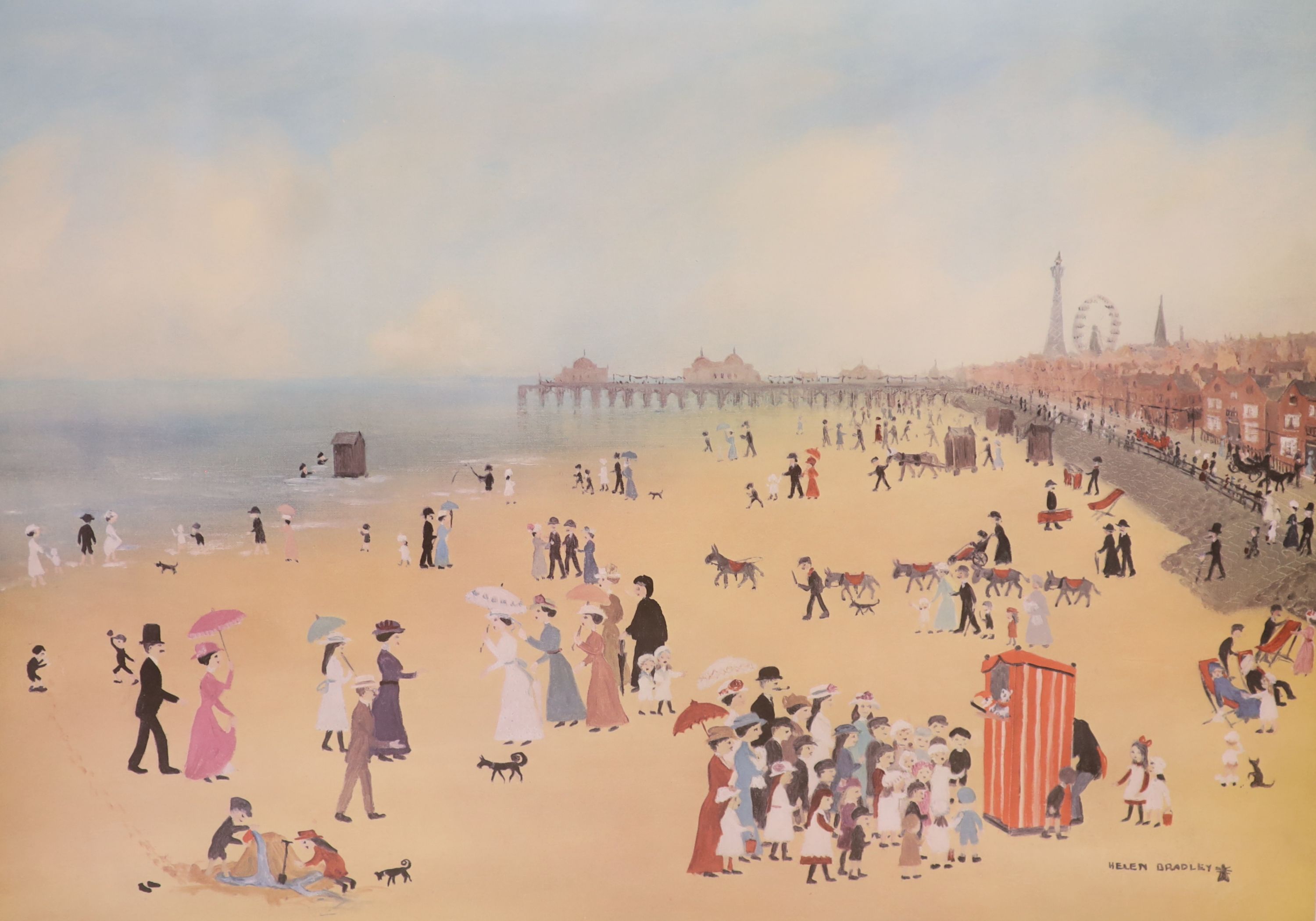 Helen Bradley, four signed prints, Blackpool Station and Blackpool Sands, both signed in pencil, overall 40 x 57cm and 48 x 62cm and Sunday Afternoon in Alexandra Park & Eveing on the Promenade.